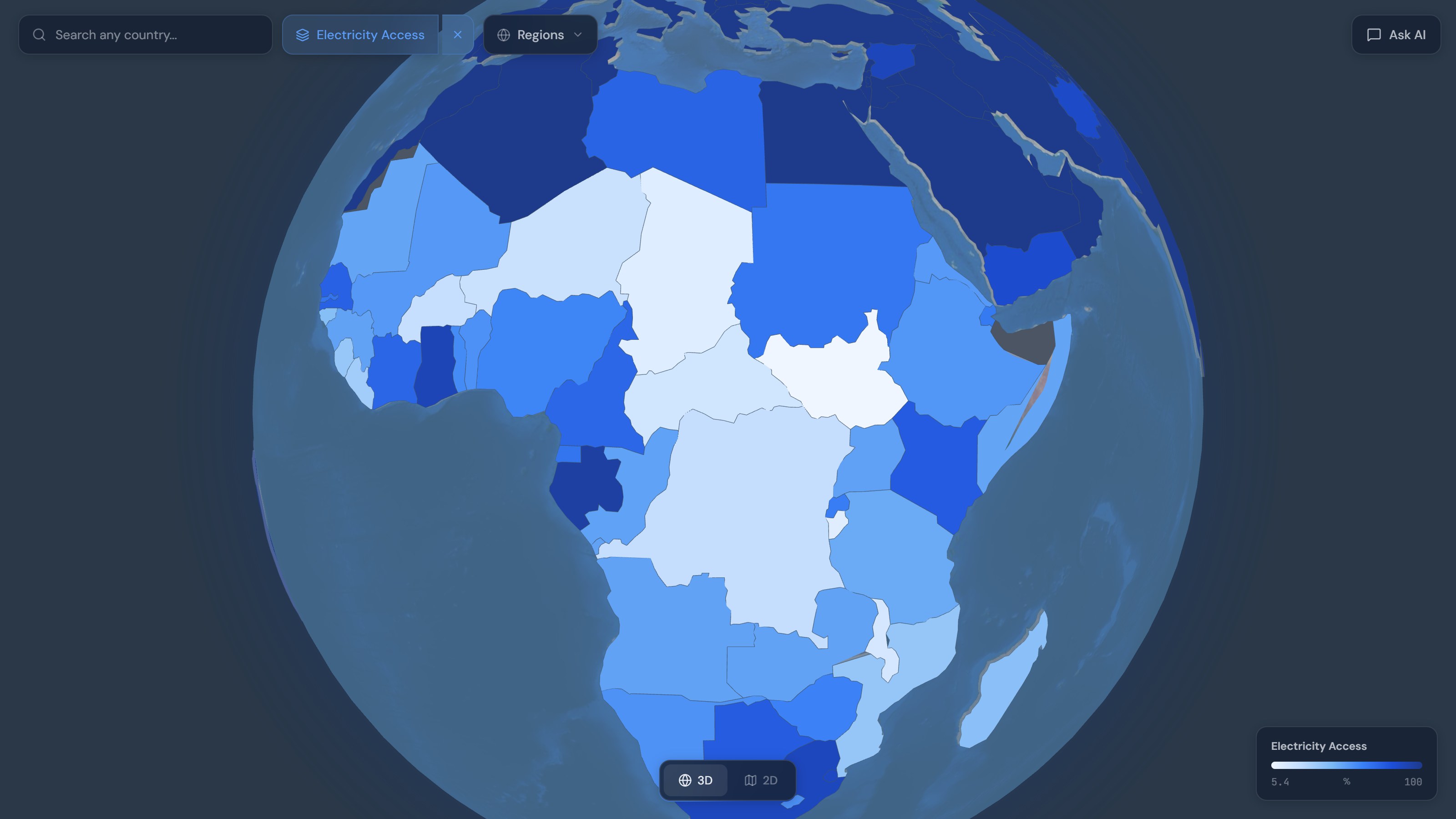 3D globe with the Electricity Access heatmap, flown to Africa