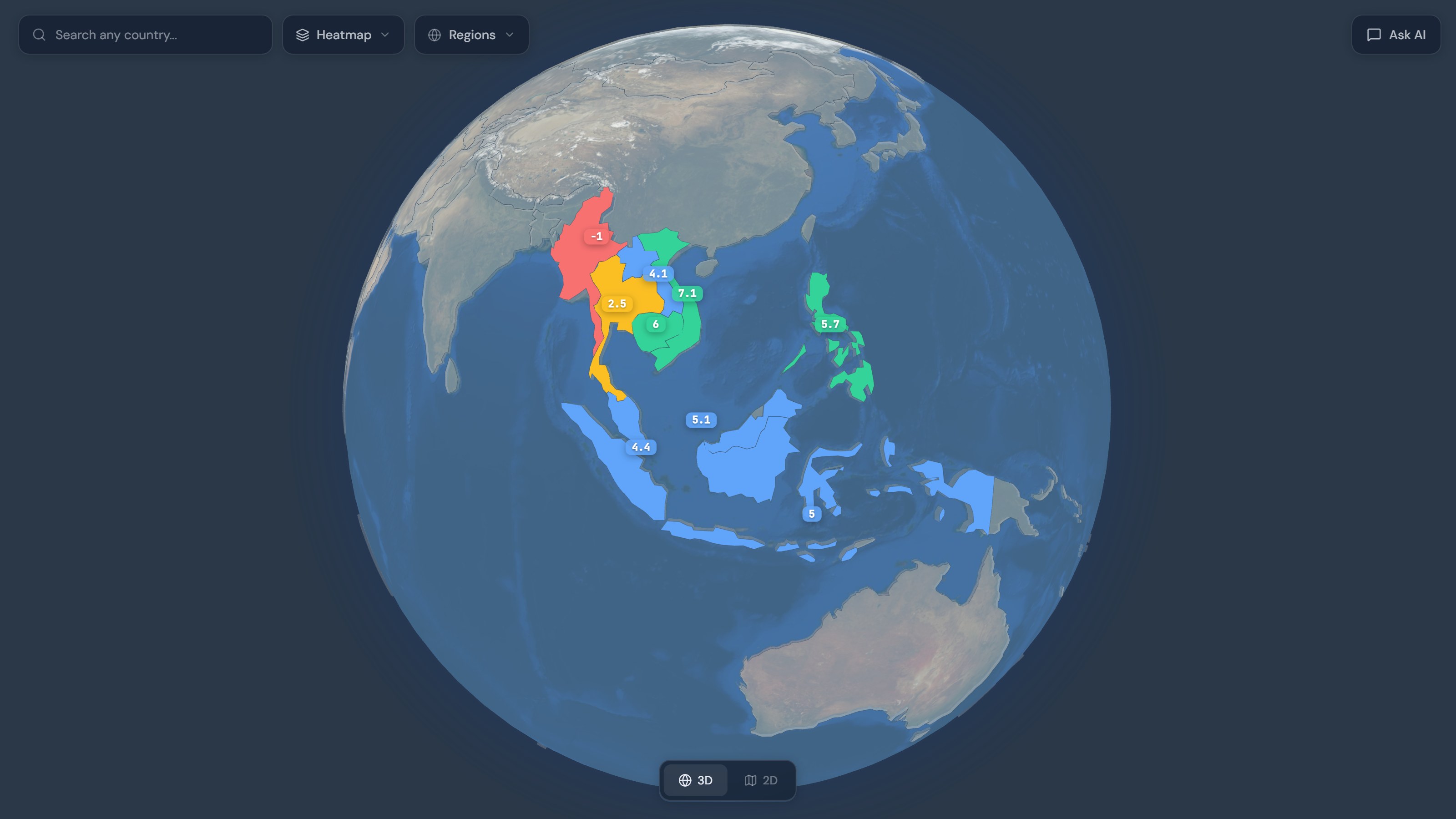The annotation layer: Southeast Asia labelled with 2024 GDP growth (%), sent through the same command the AI uses
