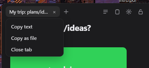 Right-click a tab to copy the note as text or as a file