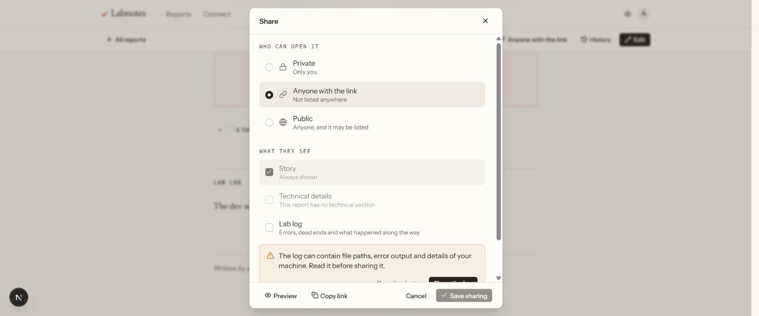 The share dialog: who can open it, and which layers they see